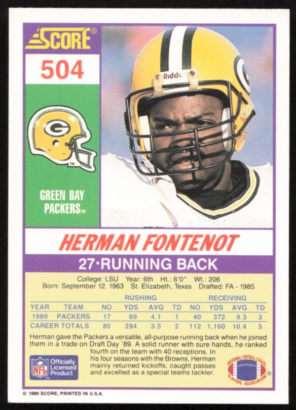 1990 Score Herman Fontenot #504 (Back)
