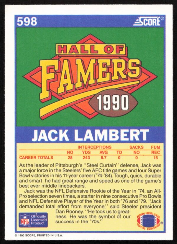 1990 Score Jack Lambert #598 (Back)