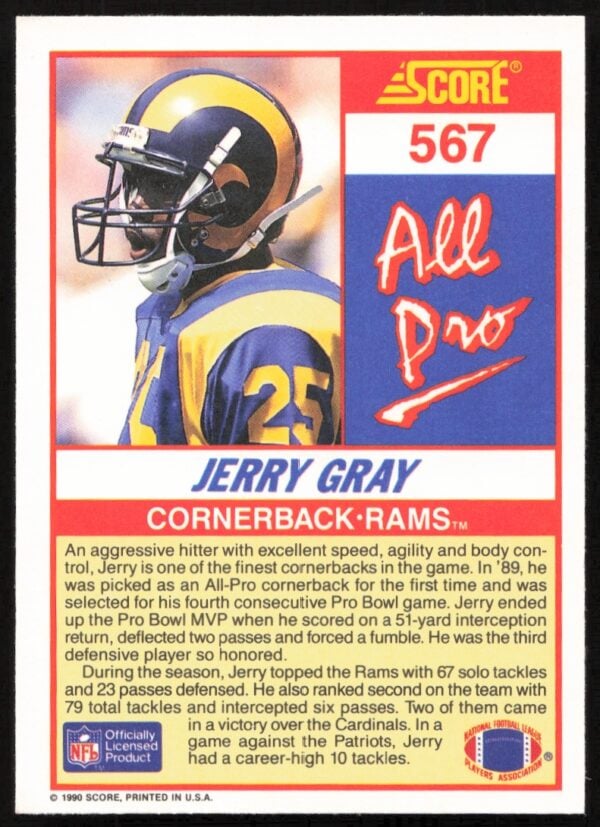 1990 Score Jerry Gray #567 (Back)