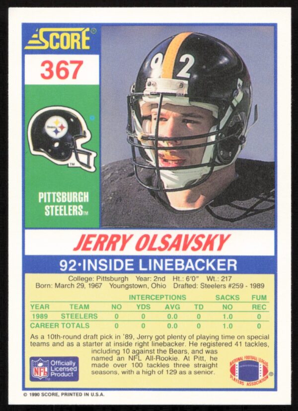 1990 Score Jerry Olsavsky #367 (Back)