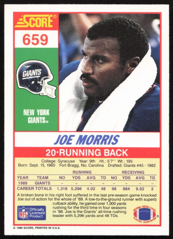 1990 Score Joe Morris #659 (Back)