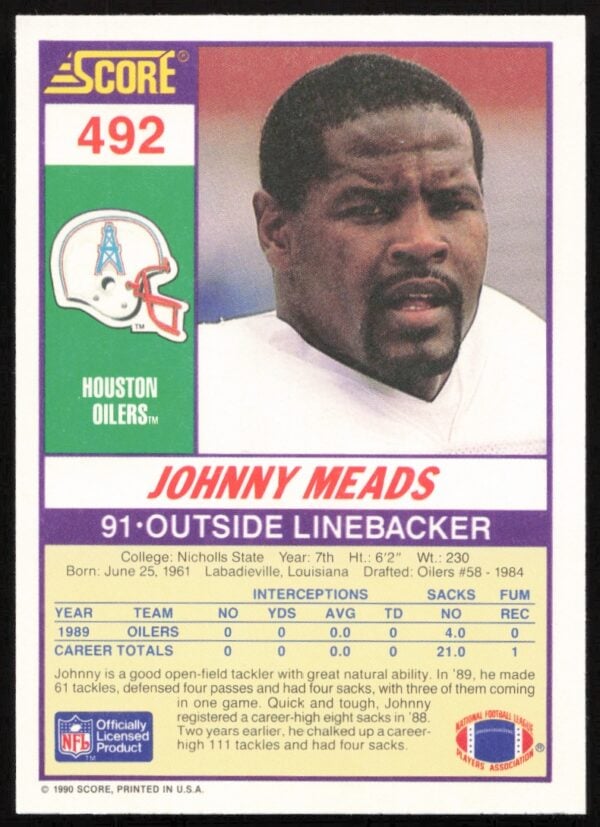 1990 Score Johnny Meads #492 (Back)