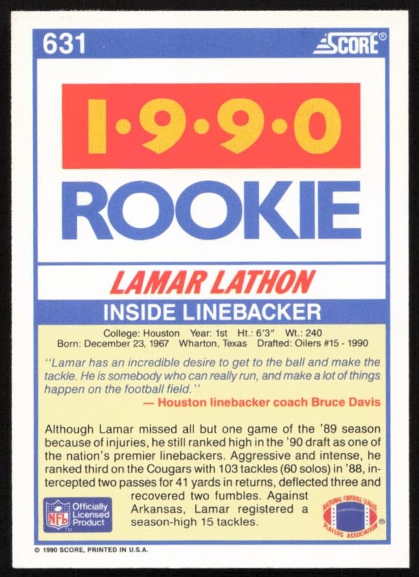 1990 Score Lamar Lathon #631 (Back)