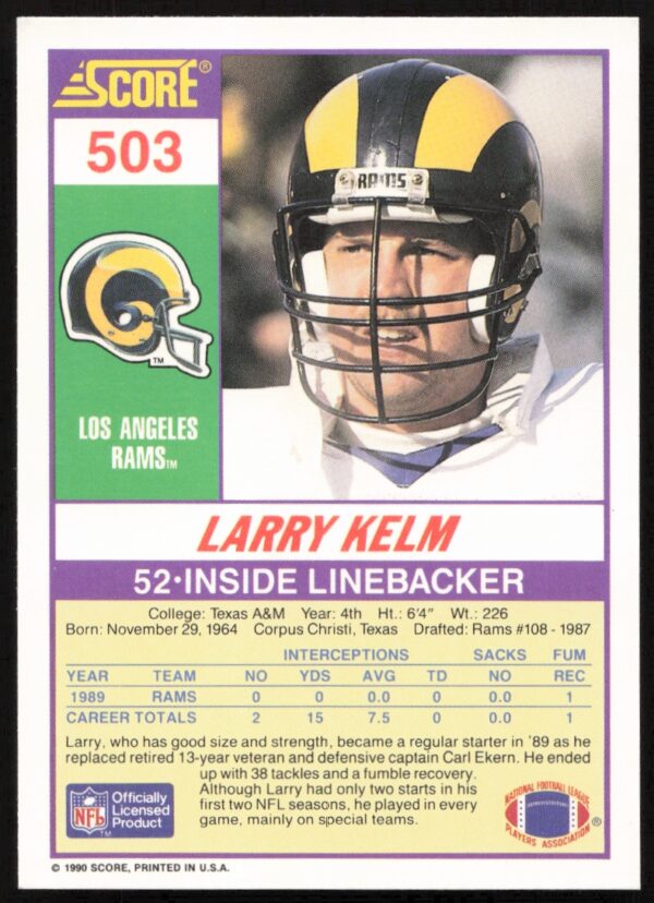 1990 Score Larry Kelm #503 (Back)