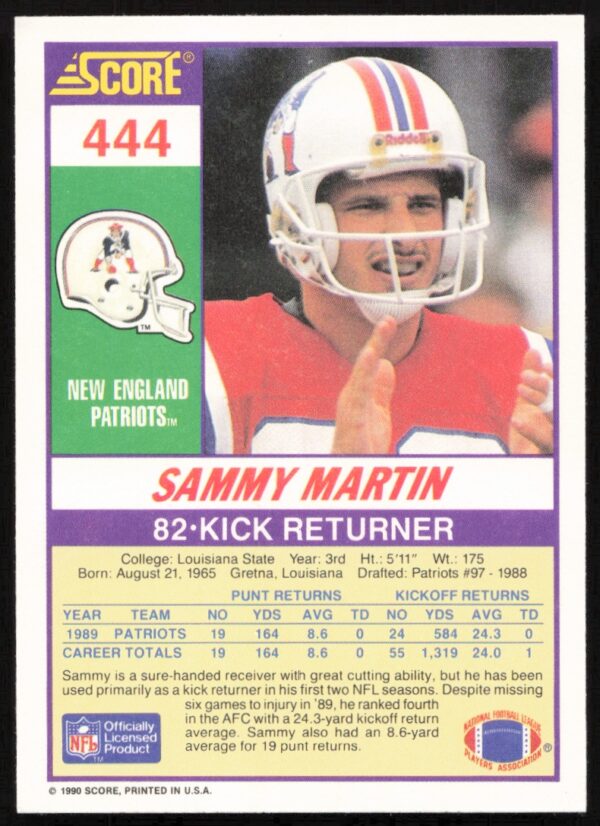 1990 Score Sammy Martin #444 (Back)