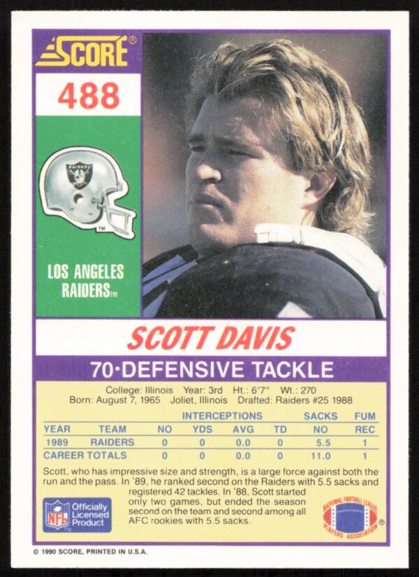 1990 Score Scott Davis #488 (Back)