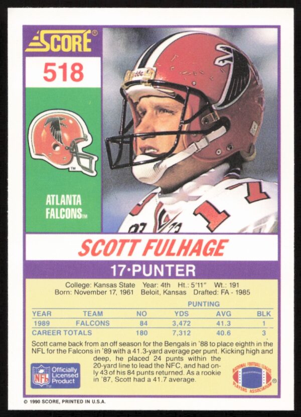 1990 Score Scott Fulhage #518 (Back)