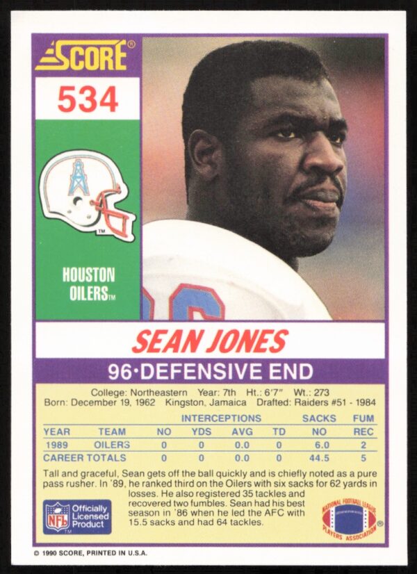 1990 Score Sean Jones #534 (Back)