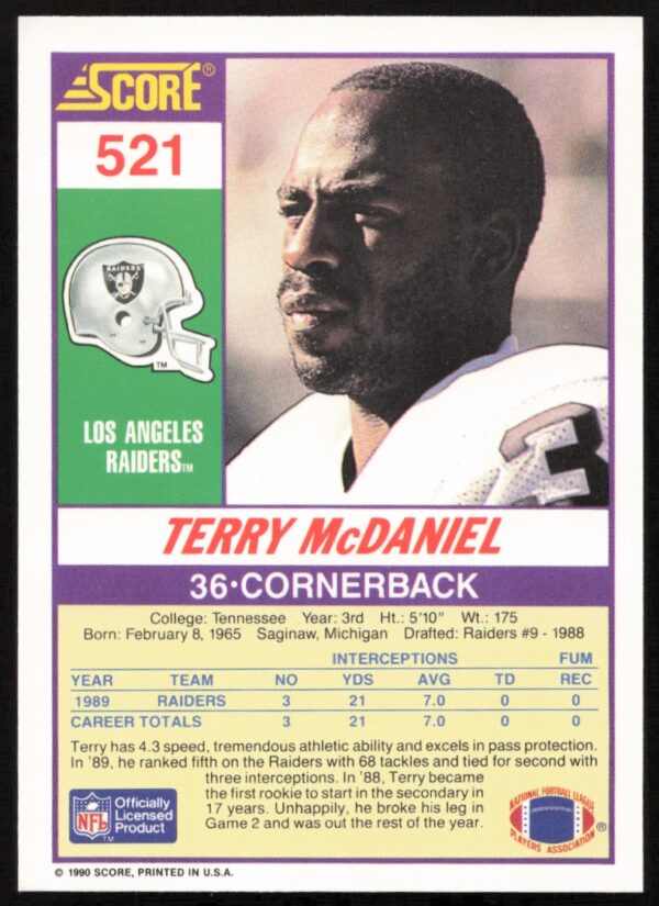 1990 Score Terry McDaniel #521 (Back)