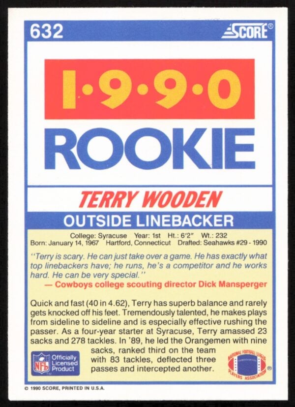 1990 Score Terry Wooden #632 (Back)