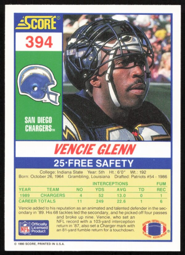 1990 Score Vencie Glenn #394 (Back)