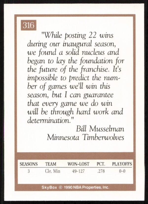 1990 SkyBox Bill Musselman #316 (Back)