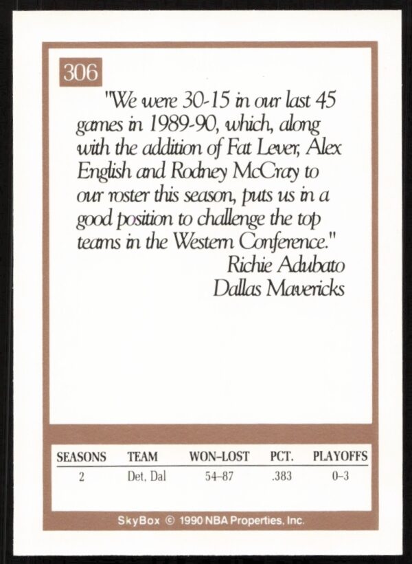 1990 SkyBox Richie Adubato #306 (Back)