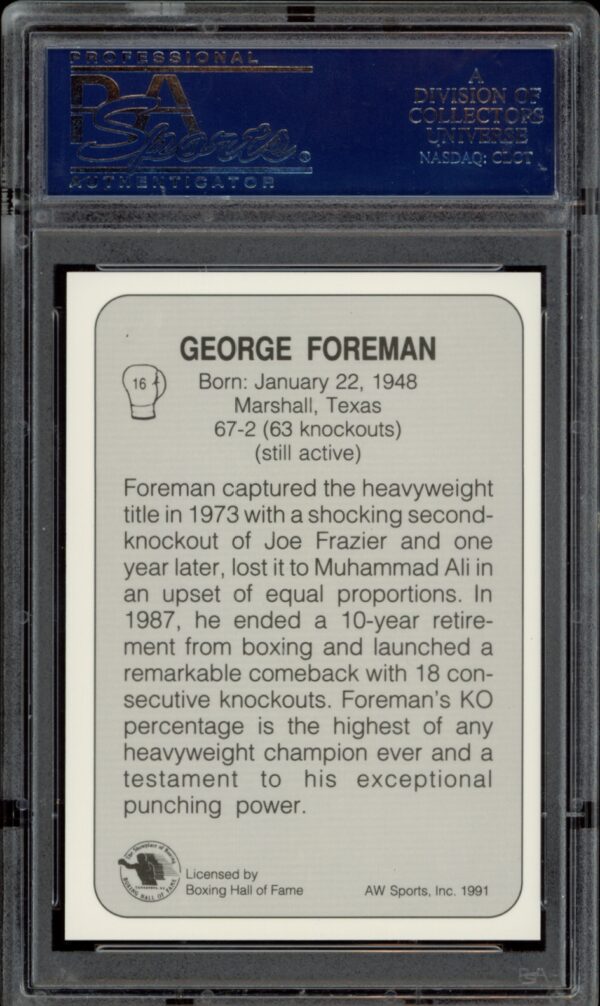 1991 AW Sports Boxing card of George Foreman, graded NM-MT 8 by PSA.