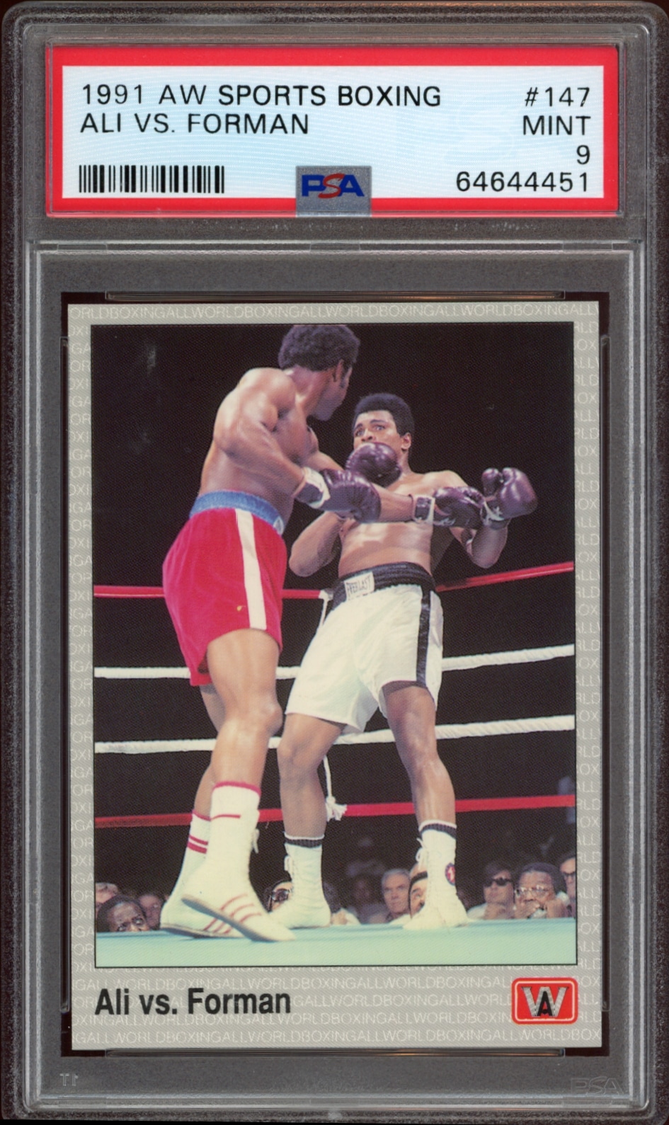 PSA 9 graded 1991 AW Sports Boxing card featuring Ali vs. Foreman match.