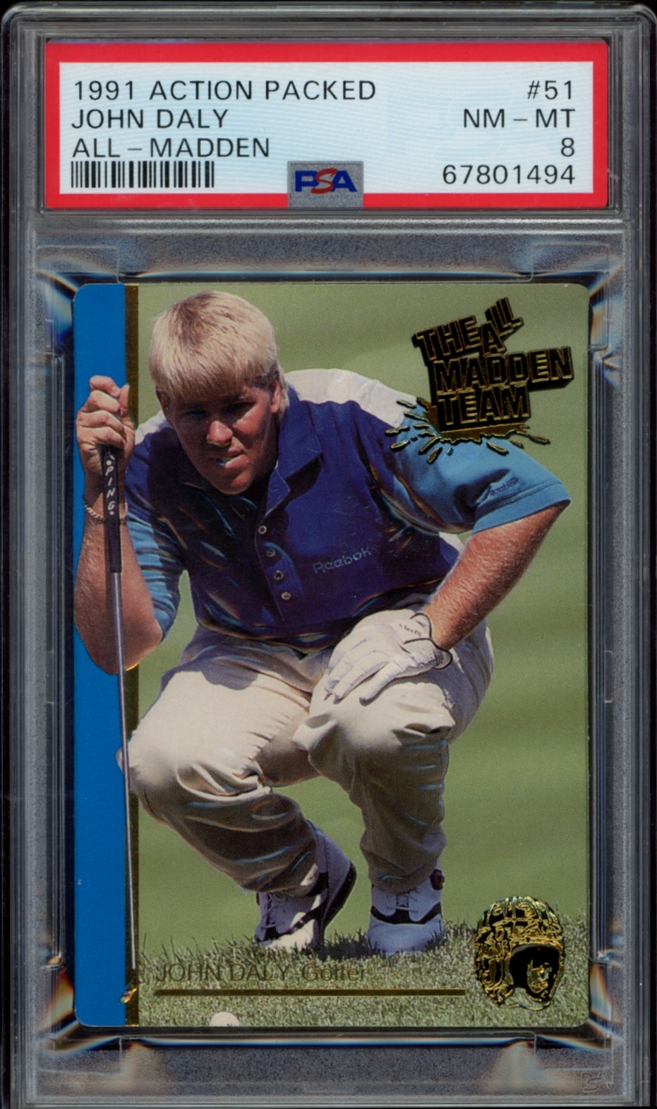 John Dalys 1991 Action Packed Golf Trading Card, graded PSA 8.