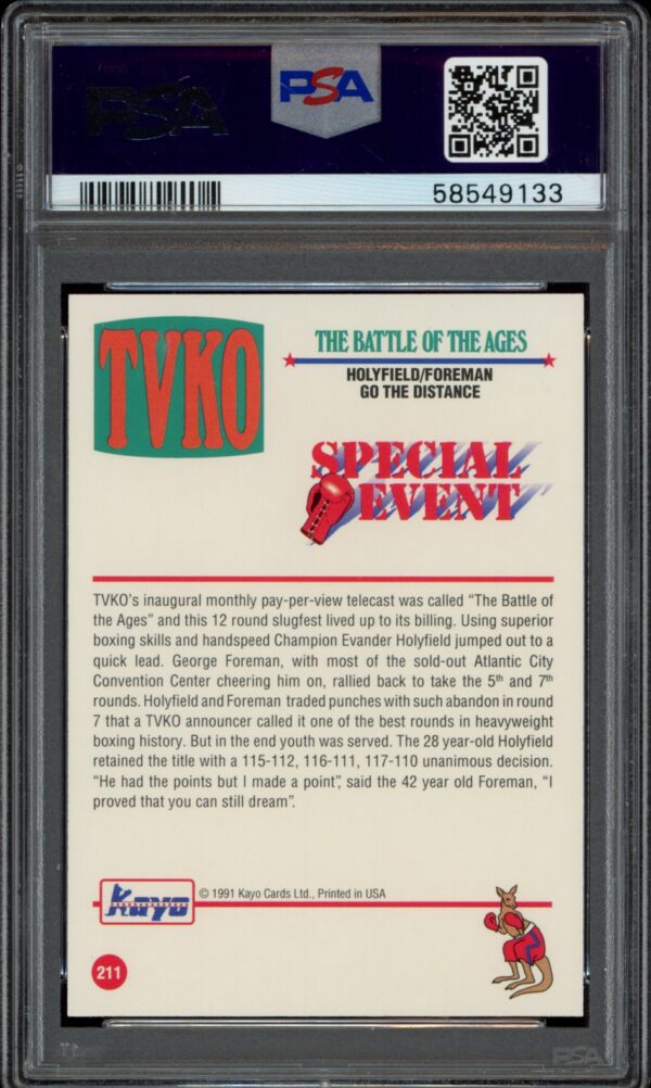 PSA-graded 1991 Kayo boxing card featuring Holyfield vs Foreman match, Battle of the Ages.