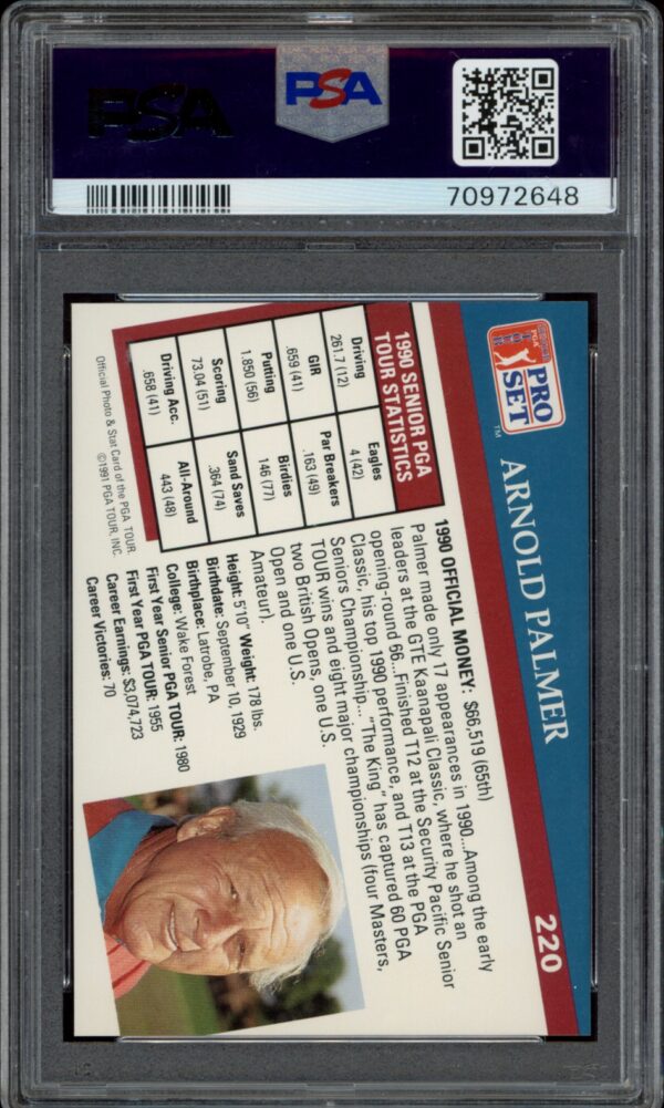 Arnold Palmer 1991 Pro Set PGA Tour trading card, PSA 9, back view.