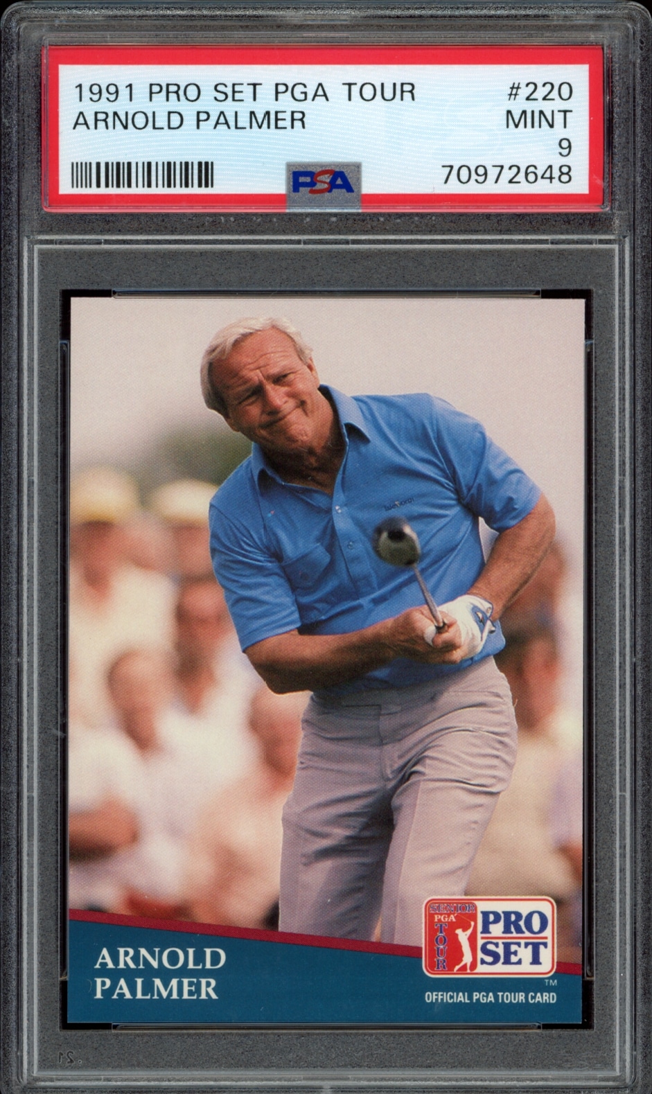 1991 Pro Set PGA Tour card of Arnold Palmer, graded PSA 9, in action.