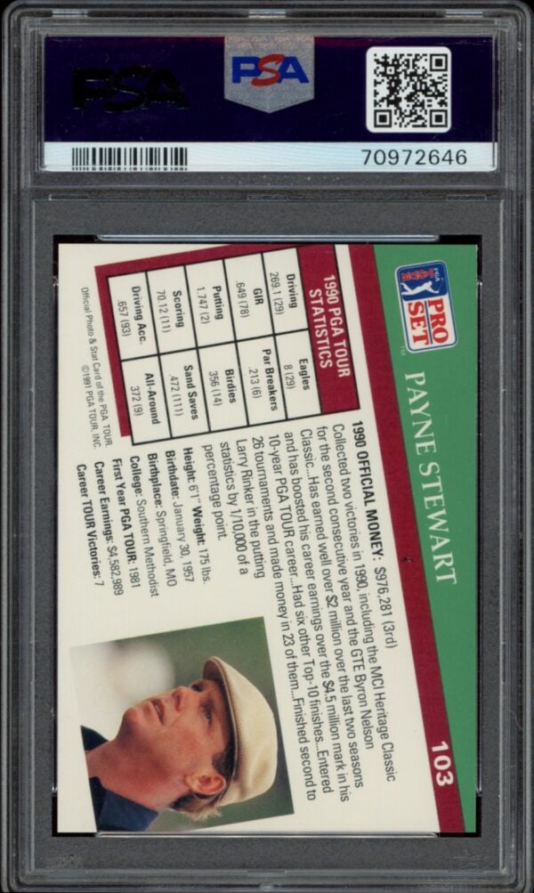 PSA-graded 1991 Pro Set Payne Stewart golf card in excellent condition.