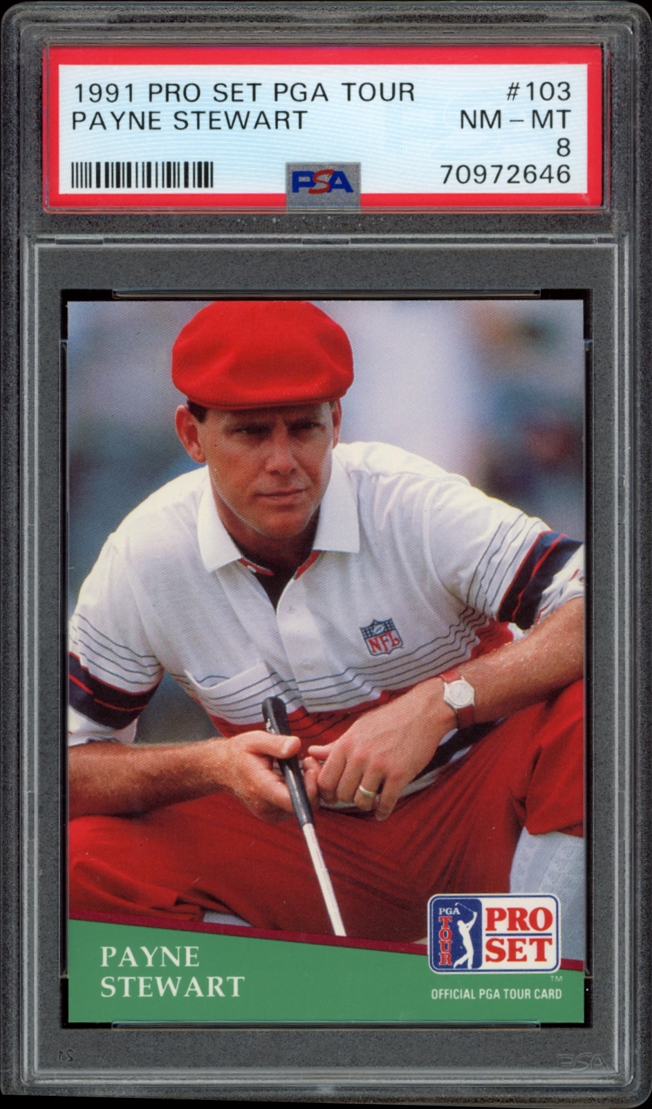 Authenticated 1991 Pro Set PGA Tour card featuring golfer Payne Stewart, graded NM-MT 8 by PSA.