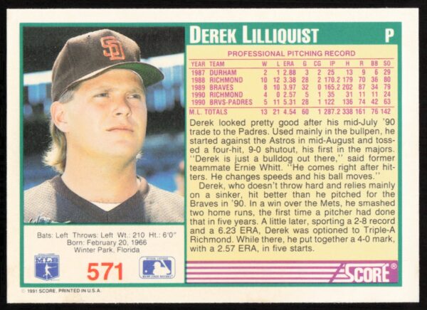 1991 Score Derek Lilliquist #571 (Back)