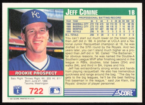 1991 Score Jeff Conine #722 (Back)