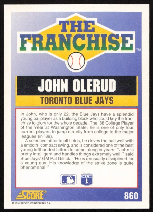 1991 Score John Olerud #860 (Back)