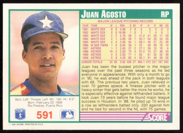 1991 Score Juan Agosto #591 (Back)