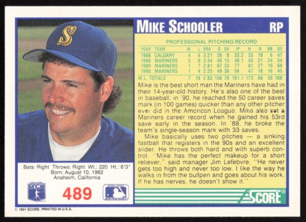 1991 Score Mike Schooler #489 (Back)