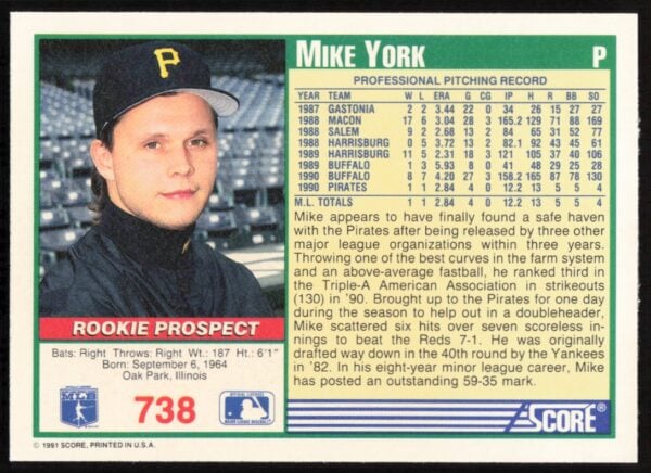 1991 Score Mike York #738 (Back)