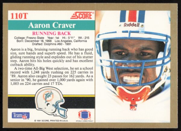 1991 Score Supplemental Aaron Craver #110T (Back)