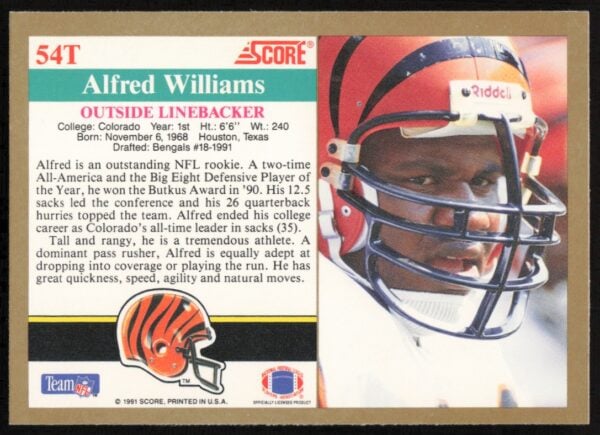 1991 Score Supplemental Alfred Williams #54T (Back)