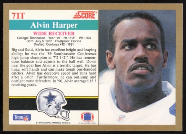 1991 Score Supplemental Alvin Harper #71T (Back)