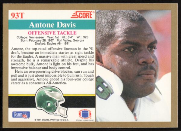 1991 Score Supplemental Antone Davis #93T (Back)