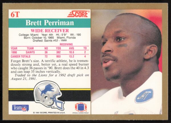 1991 Score Supplemental Brett Perriman #6T (Back)