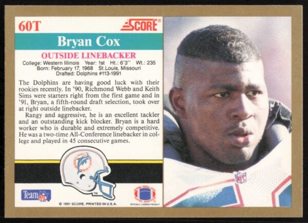 1991 Score Supplemental Bryan Cox #60T (Back)