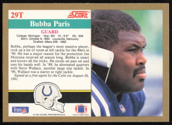 1991 Score Supplemental Bubba Paris #29T (Back)