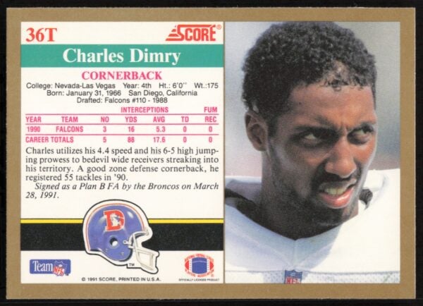 1991 Score Supplemental Charles Dimry #36T (Back)