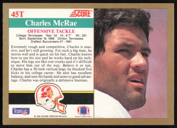 1991 Score Supplemental Charles McRae #45T (Back)