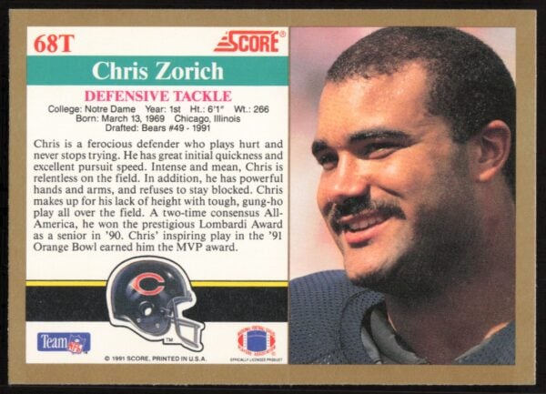 1991 Score Supplemental Chris Zorich #68T (Back)