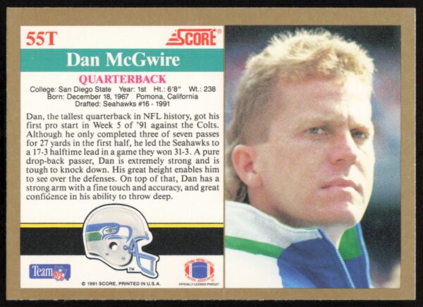 1991 Score Supplemental Dan McGwire #55T (Back)