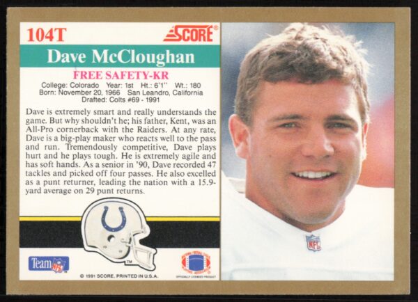 1991 Score Supplemental Dave McCloughan #104T (Back)