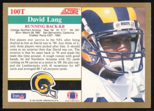 1991 Score Supplemental David Lang #100T (Back)