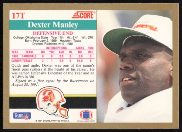 1991 Score Supplemental Dexter Manley #17T (Back)