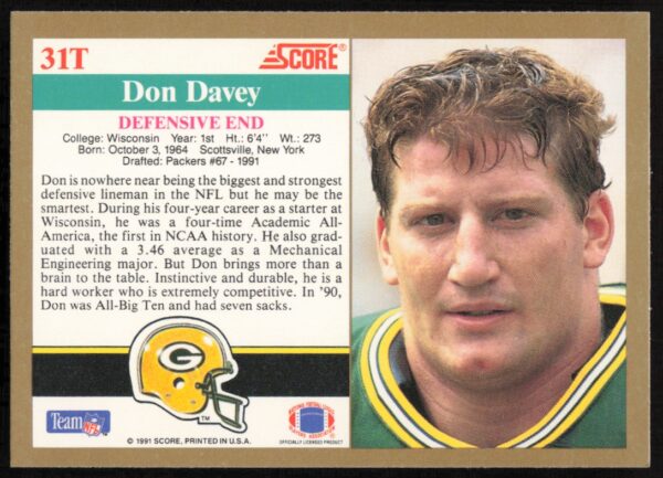 1991 Score Supplemental Don Davey #31T (Back)