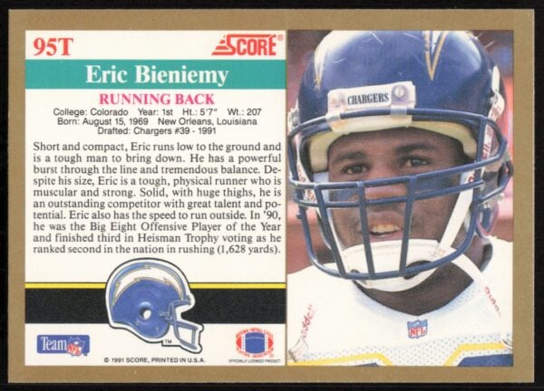 1991 Score Supplemental Eric Bieniemy #95T (Back)