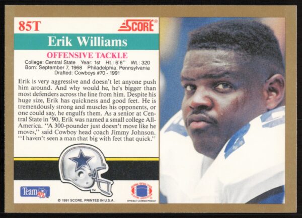 1991 Score Supplemental Erik Williams #85T (Back)