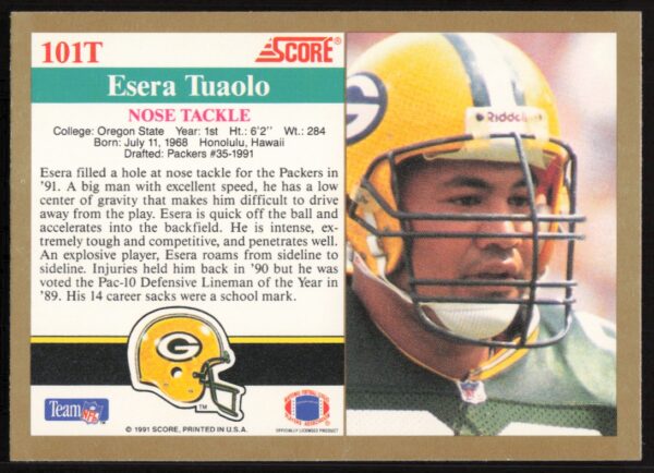 1991 Score Supplemental Esera Tuaolo #101T (Back)