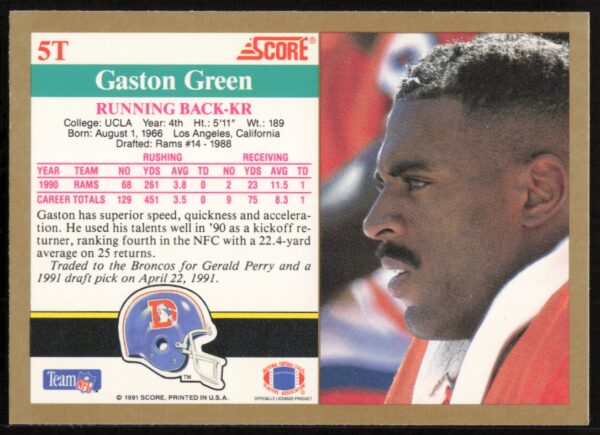 1991 Score Supplemental Gaston Green #5T (Back)